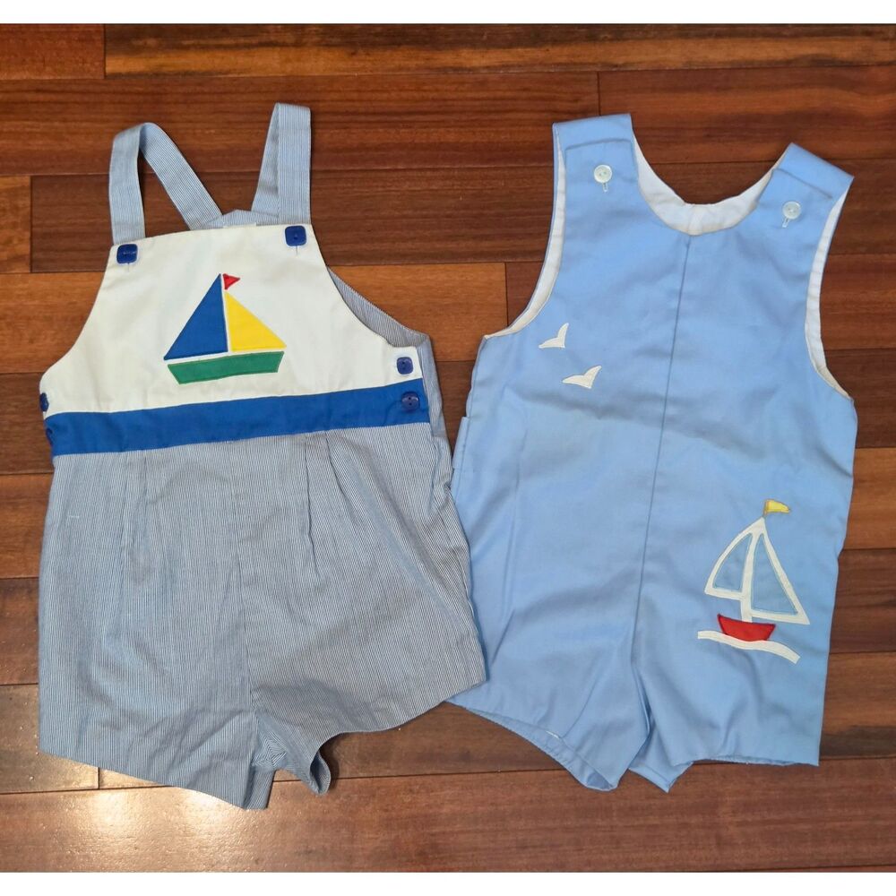 Vintage Lot(2) 3T/4T Boy Nautical Sailboat Jon Jon Seersucker Shortall
